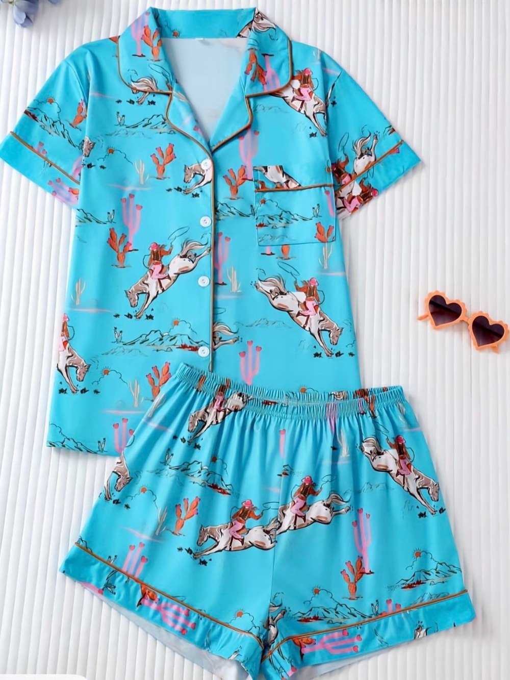 Turquoise Western Print Satin Pajama Set